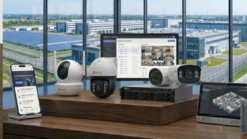 EZVIZ security cameras, NVR systems, and smart surveillance solutions displayed in a modern workspace by a trusted EZVIZ distributor in Dubai.