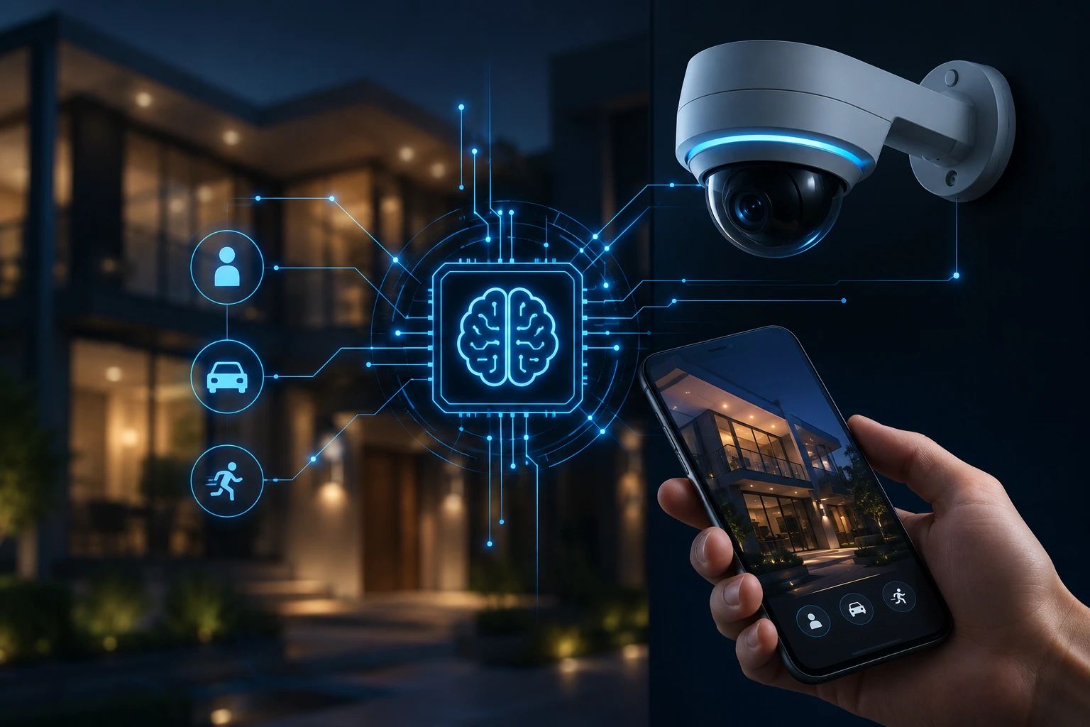 AI-powered CCTV camera Dubai monitoring a modern home with smart mobile surveillance and intelligent security features.