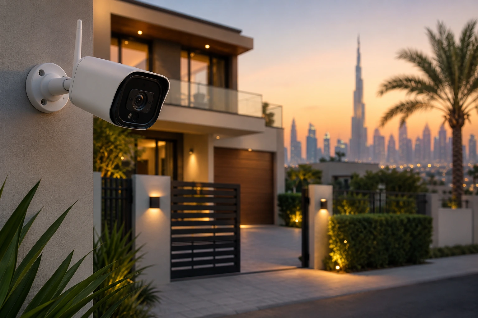 Security camera for home Dubai installed outside a modern villa with smart surveillance and city skyline in the background