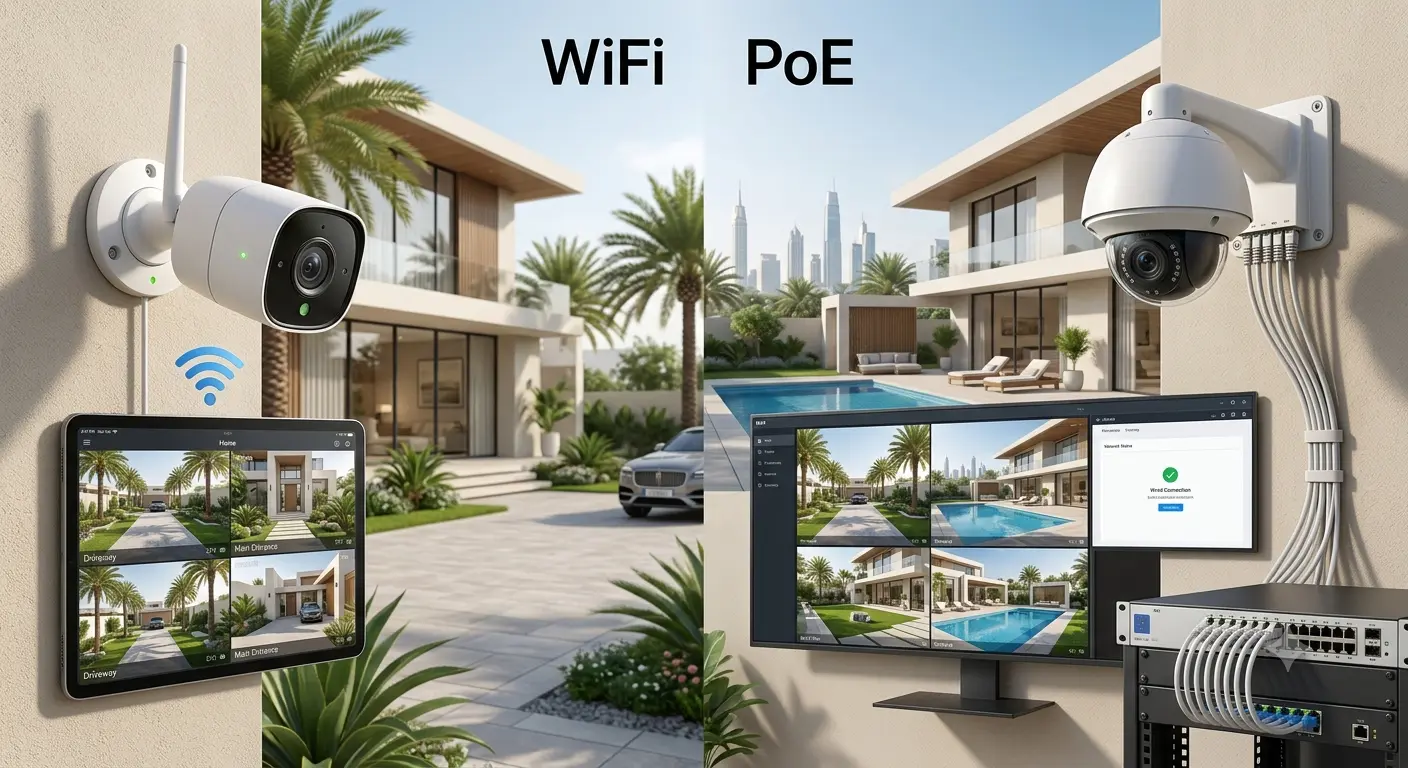 WiFi CCTV camera compared with a wired PoE camera mounted on a modern house exterior for home security in the UAE.