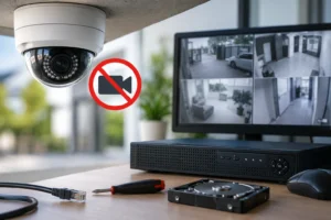CCTV camera stop recording while DVR monitor shows security footage